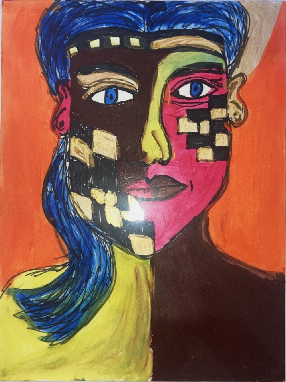 Original Hand Painted, Acrylic, pen, Ink "A Checked Life", signed 9 x 12 inches